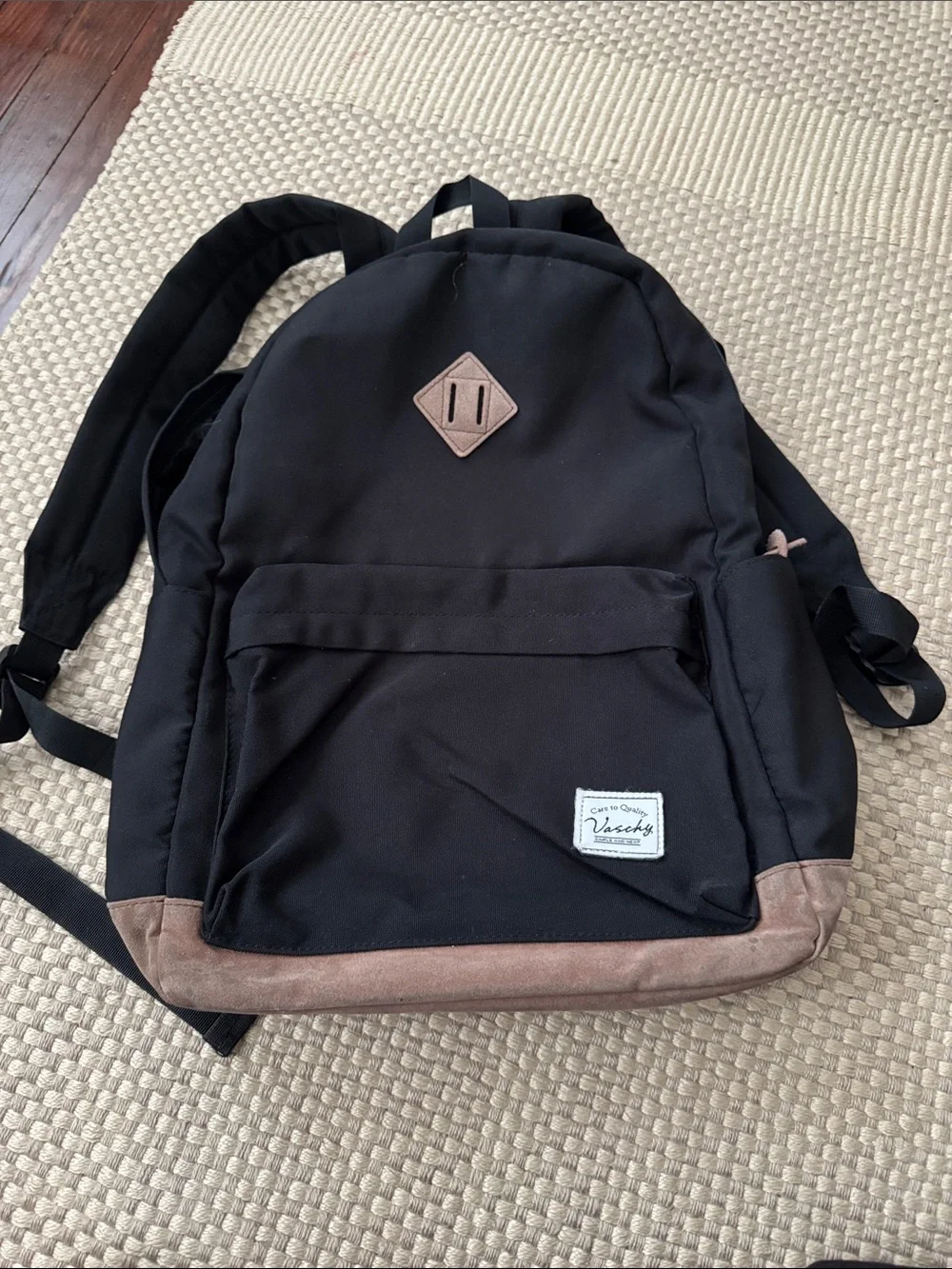 Black Daypack Backpack with Brown Suede Trim